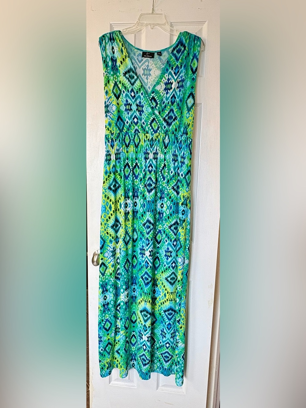 Nina Leonard Vibrant Teal & Lime Printed Long Maxi Dress